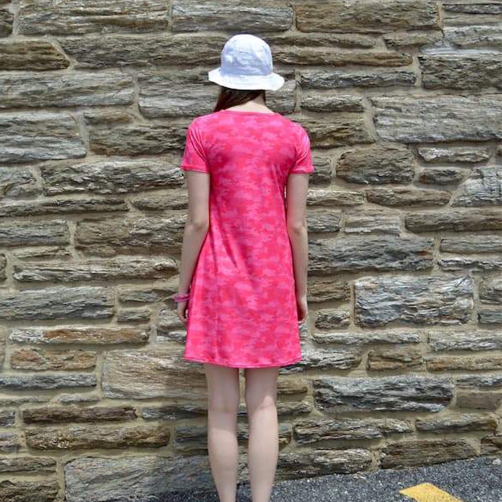 Hot pink camo pattern adult dress back view by Jolina Boutique